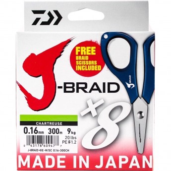Шнур DAIWA J-Braid X8E-W/SC 0,16мм 300м chartreuse + ножницы